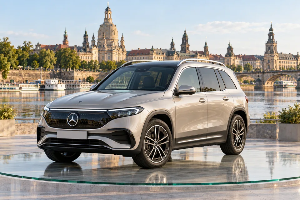 Silbernes Elektro-SUV vor der weichen Dresdner Elbkulisse